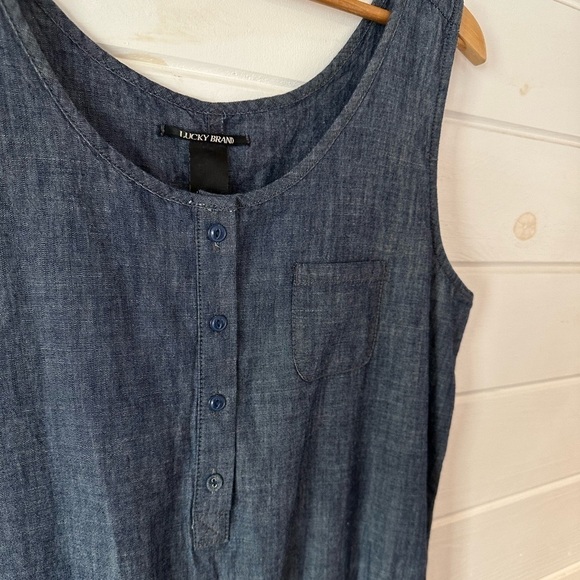Lucky Brand Chambray Cotton Denim Romper Shorts Button Front Cinched Waist Sz L - Picture 3 of 11